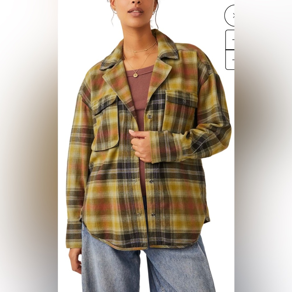 NWT Free People Oversized Izzie Cargo Plaid Shirt Size Large 100% Cotton
